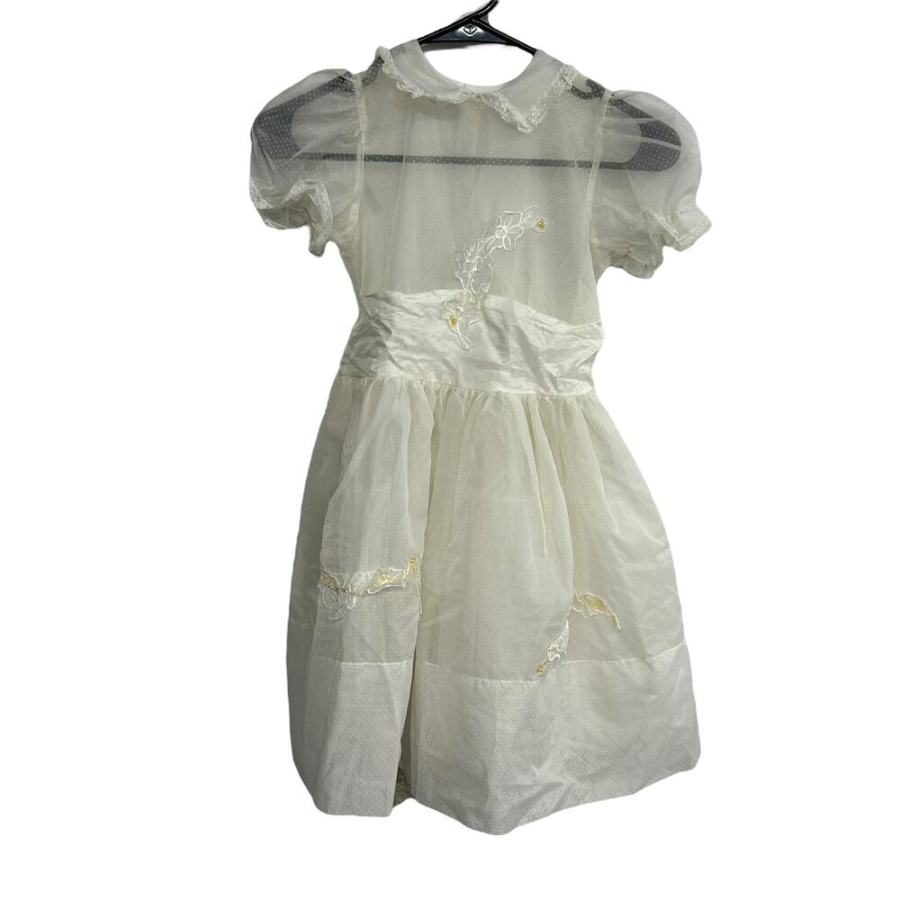 Sheer‎ Vintage Party Dress Puff Sleeve Floral Lace 1950s Girl XS